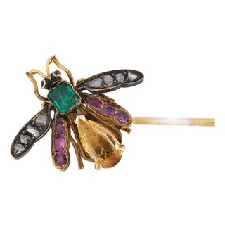 Early 20th Century Victorian Gemstone Diamond 18k Yellow Gold Enamel Bug Pin For Sale