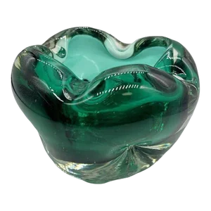 1960s Hand Blown Emerald Green Murano Style Weighted Cased Art Glass Ashtray