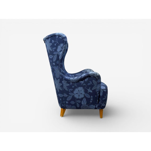 Blue Danish Modern, Wingback Chair, Blue Fabric, Wood, Denmark, 1940s For Sale - Image 8 of 10