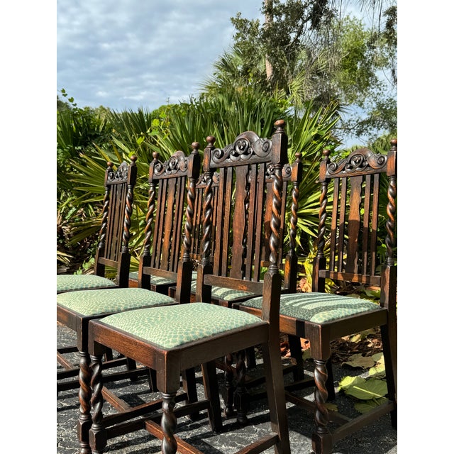Teal Antique Set of Six Barley Twist Dining Chairs With Teal Leopard Upholstery For Sale - Image 8 of 11