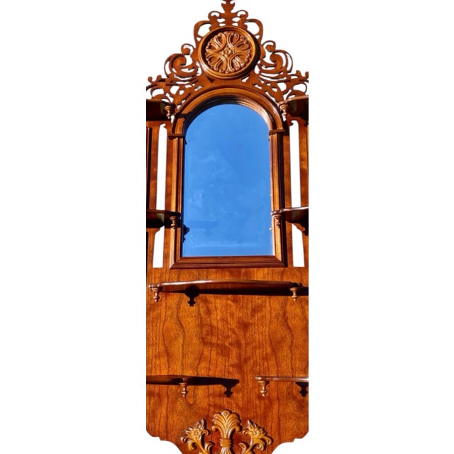 Brown 1990s Pierced Carved Wood Multi Shelf Wall with Central Arched Mirror For Sale - Image 8 of 16