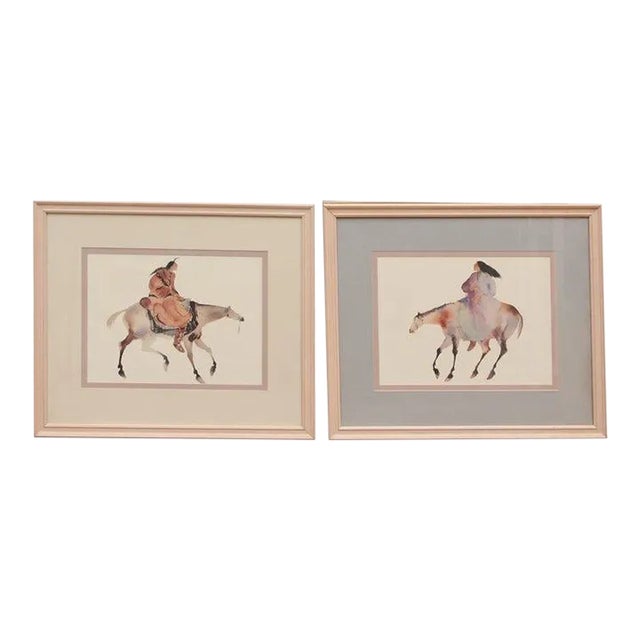 Vintage Diptych Watercolor Lithograph by Carol Grigg Native American Earth Healer & Crow Warrior For Sale