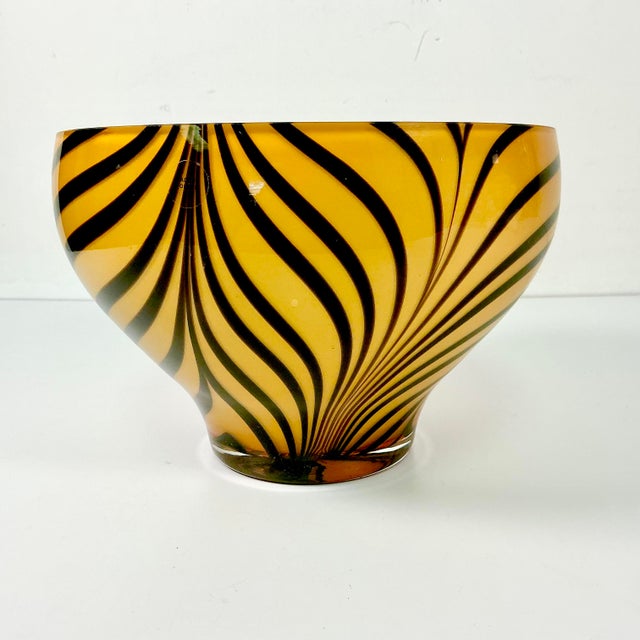 Amber Mid-Century Hollywood Regency Boho Chic Polish Hand Blown Glass Tiger Striped Encased Bowl, Murano Style For Sale - Image 8 of 12