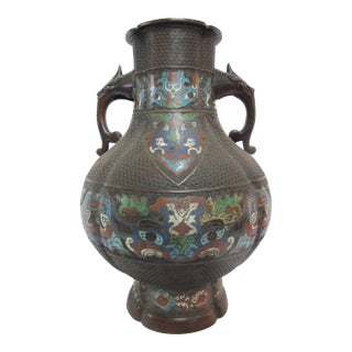 Monumental Chinese Bronze Champleve Enamel Vase With Figural Handles For Sale