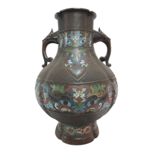Monumental Chinese Bronze Champleve Enamel Vase With Figural Handles