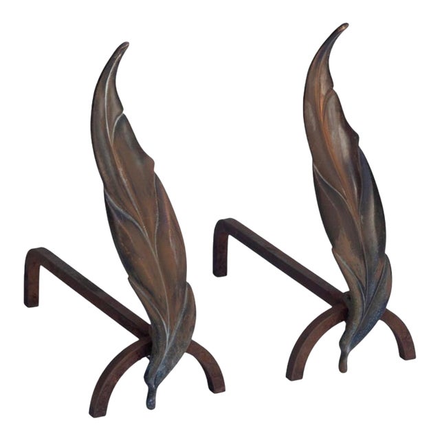 1950s Leaf Flame, Bronze, and Iron and Irons For Sale