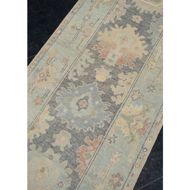 Beige Turkish Oushak Runner Rug Muted Blue & Beige Handwoven Wool Rug 2'9" X 8'10" For Sale - Image 8 of 9