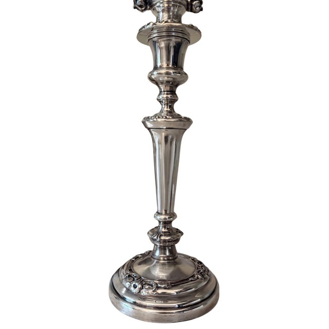 French Pair of Silver Candelabras With Floral Detailing, France, Mid-20th Century. For Sale - Image 3 of 11