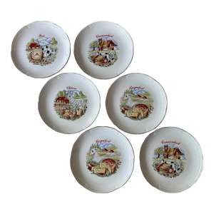 Set of 6 French Vintage Cheese Plates by Moulin Des Loups Orchies | Brie, Camembert, Roquefort & Chèvre | 7” Porcelain Plates | Loire Valley Charm