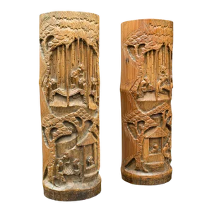 1930s Large Pair of Vintage Chinese Bamboo Dry Flower Vases