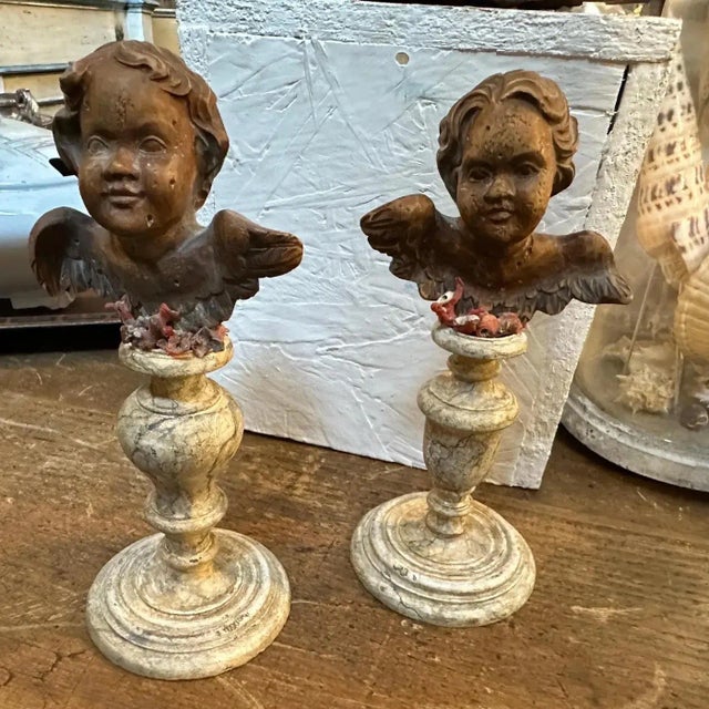 19th Century Two Louis Philippe Sicilian Wood Angels on Lacquered Wood Bases- Set of 2 For Sale - Image 10 of 12