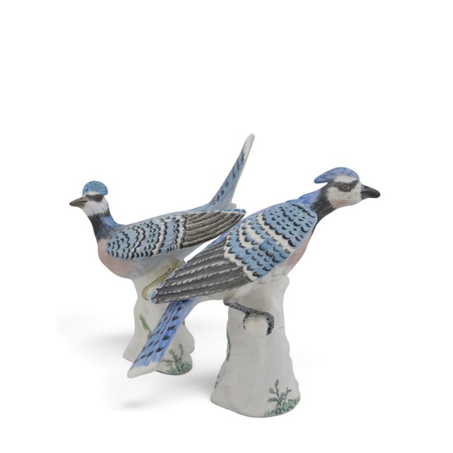 Mid 20th century Staffordshire porcelain Blue Jay figurine pair by Doubell Miller. A mirrored pair of North American Blue...