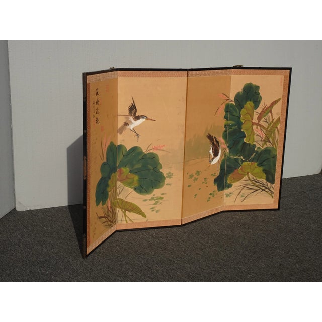 Asian Vintage Oriental Asian Four Panel Screen With Birds & Signed For Sale - Image 3 of 13
