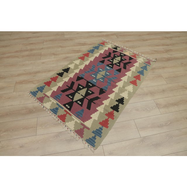 Farmhouse 1970s Farmhouse Style Geometric Design Pink Oushak Kilim Rug For Sale - Image 3 of 13