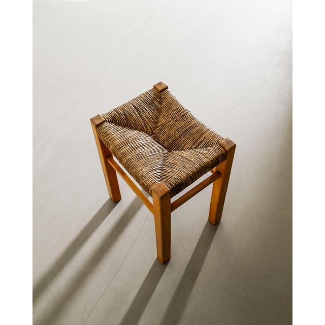 French Mid-Century Wooden Four Legged Straw Stool attributed to Charlotte Perriand, 1960s For Sale - Image 3 of 5
