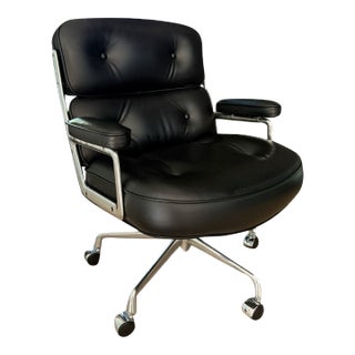 Herman Miller Eames Time Life Chair in Black Leather With Polished Chrome Base For Sale