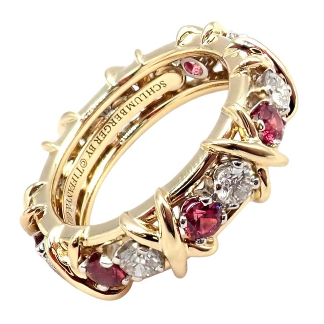 Tiffany & Co Schlumberger Gold Platinum 16 Stone Diamond Ruby Band Ring, Size 5 For Sale - Image 10 of 14