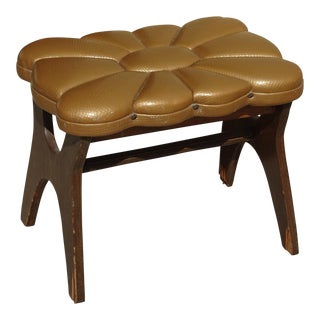 Vintage Mid Century Modern Gold Tufted Vinyl Floral Design Footstool Bench For Sale