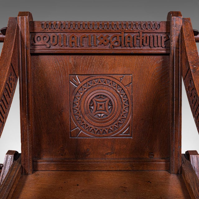 Antique Inscribed Glastonbury Chair, English, Oak, Gothic Armchair, Victorian For Sale - Image 9 of 12