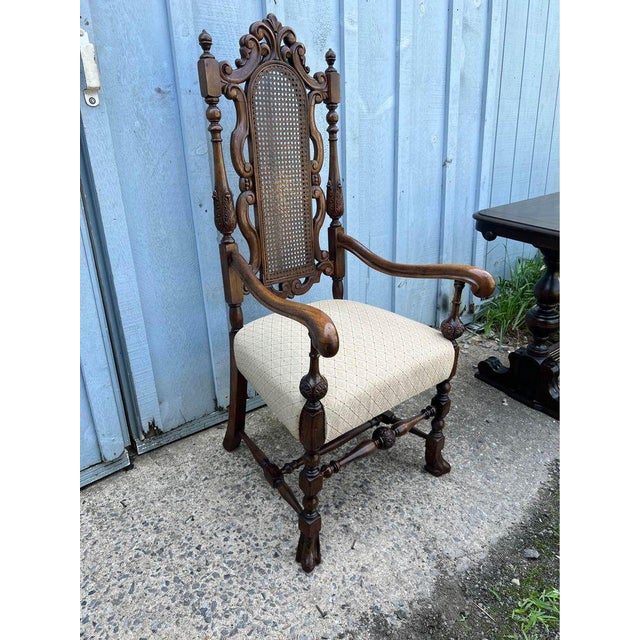 Brown Early 20th Century Antique Renaissance Revival Carved Gothic Cane Back Spanish Feet Throne Armchair For Sale - Image 8 of 10