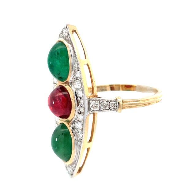 Red 1960s 14k Yellow Gold Burmese No-Heat Red Spinel, Emerald & Diamond Ring, Size 6.5 For Sale - Image 8 of 13