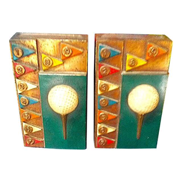 1930s Golf Themed Bookends, Signed Marion Bronze, Art Deco Style For Sale