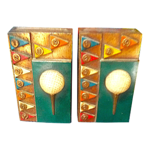 1930s Golf Themed Bookends, Signed Marion Bronze, Art Deco Style
