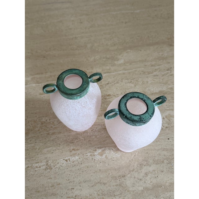Mid-Century Modern Pair of Scavo Murano-Style Glass Vessels Bud Vases Pink Verdigris Metal Handles For Sale - Image 3 of 18