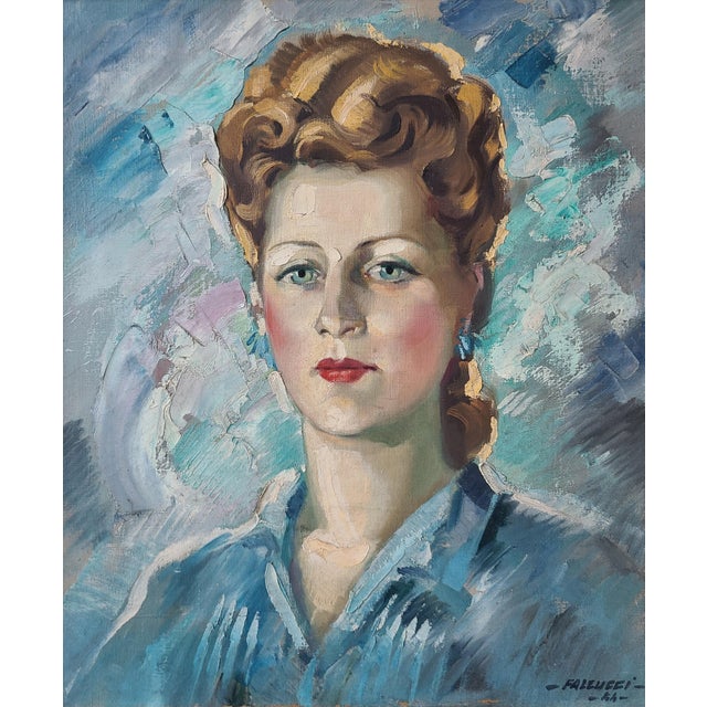 Original, one of a kind oil painting by French artist Robert Falcucci (1900-1989) depicting a young woman in a blue...