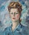 Original, one of a kind oil painting by French artist Robert Falcucci (1900-1989) depicting a young woman in a blue...