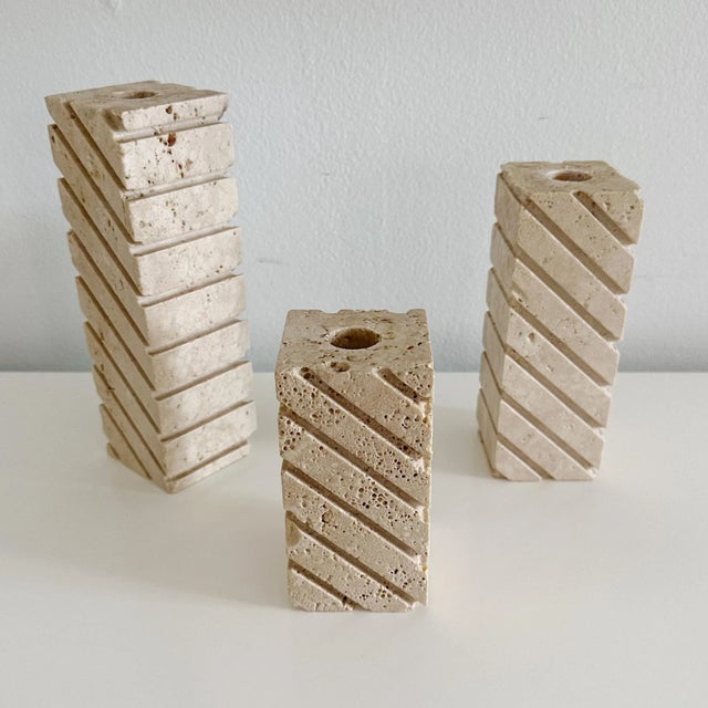 1970s Set 3 Travertine Vintage Candleholders by Fratelli Manelli Raymor For Sale - Image 5 of 8