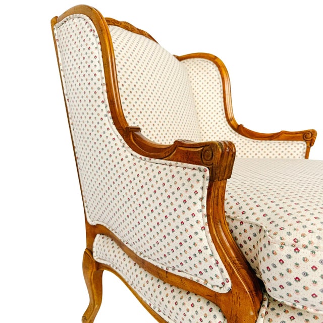 French Provincial Louis XV Bergere Armchair With Carved Wood Frame & Petite Floral Upholstery For Sale - Image 10 of 16