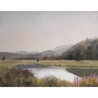 A Kind of Paradise by Mo Myra | Watercolor on Paper Landscape with a Pond and Mountains For Sale