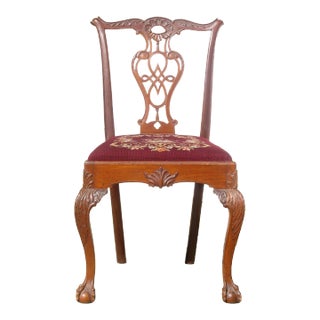 19th C. Antique English Chippendale Ball & Claw / Needlepoint Accent Chair For Sale