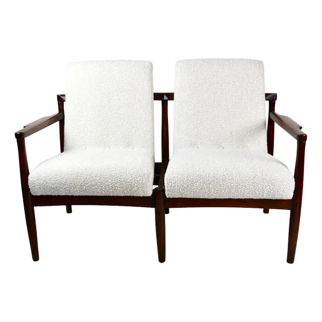 Vintage Double Sofa Bench in Ivory Bouclé, 1970s For Sale