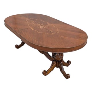 Antique Renaissance Revival Marquetry Walnut Oval Dining Table, Late 19th Century For Sale