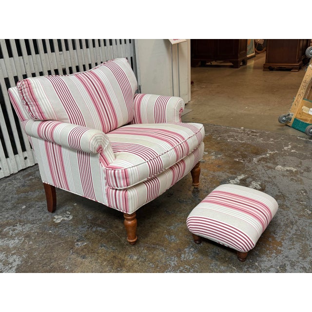 Traditional Traditional Striped Armchair + Ottoman For Sale - Image 3 of 12