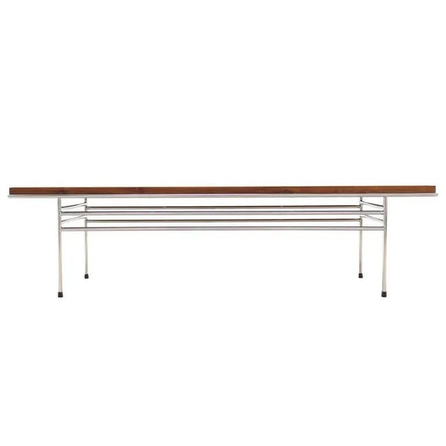 2010s Modern Solid Oiled Slat Wood Top Chrome Bench For Sale - Image 5 of 10