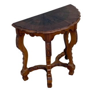 Vintage French Louis XV Style Demilune Console Table With Inlaid Fan Top & Carved Cabriole Legs For Sale