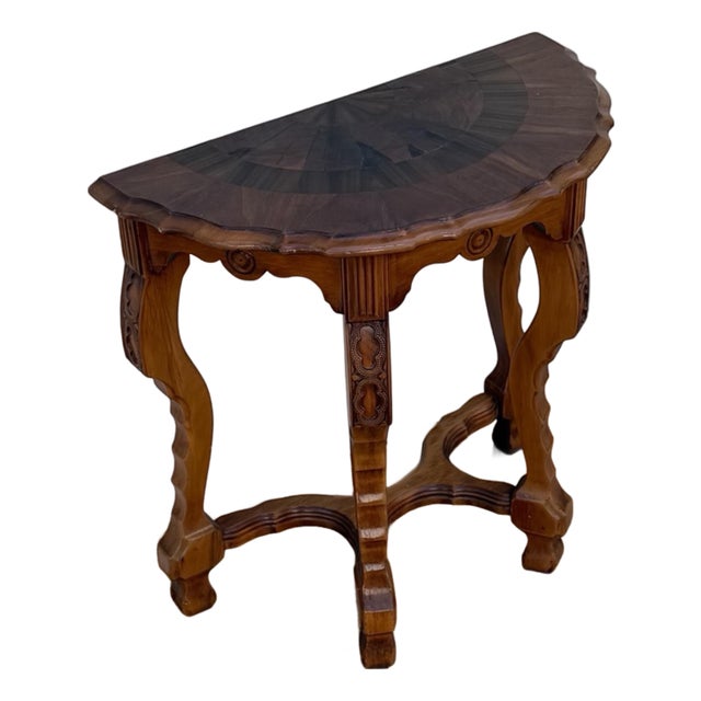 Vintage French Louis XV Style Demilune Console Table With Inlaid Fan Top & Carved Cabriole Legs For Sale