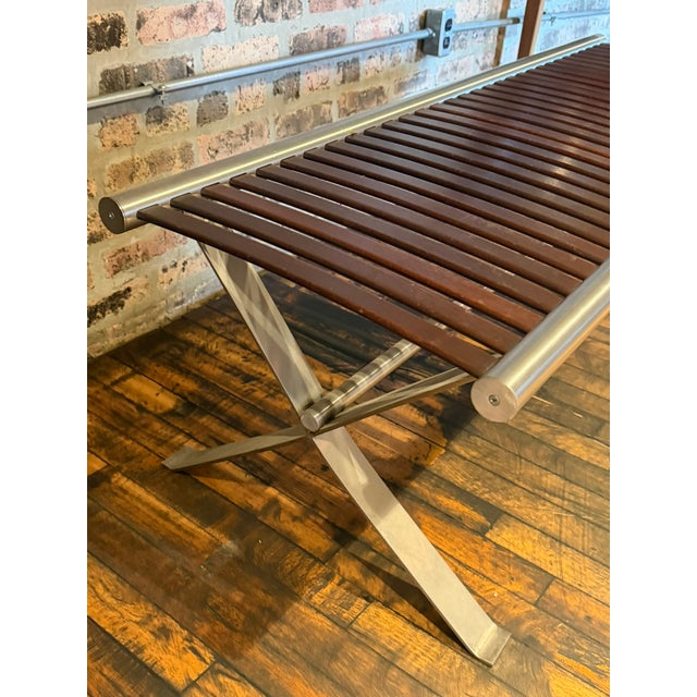 Contemporary One‑of‑a‑Kind Mahogany Slatted Bench – Custom Brushed Steel Frame Modern Industrial Design For Sale - Image 3 of 12