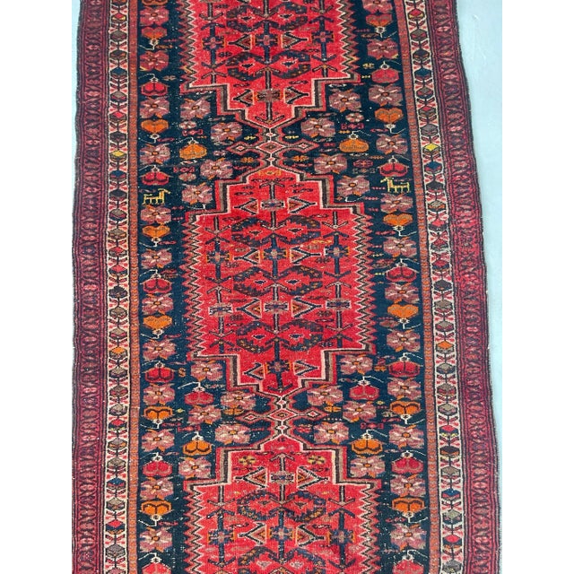 1940-50's Yellow Goats & Horses With Wine, Ruby & Charcoal-Blue Shrubs & Flora Rug 4 X 17 For Sale - Image 9 of 12