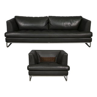 Sofa and Lounge Chair in Anthracite Leather from Valdichienti, 1970s, Set of 2 For Sale