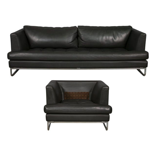 Sofa and Lounge Chair in Anthracite Leather from Valdichienti, 1970s, Set of 2 For Sale