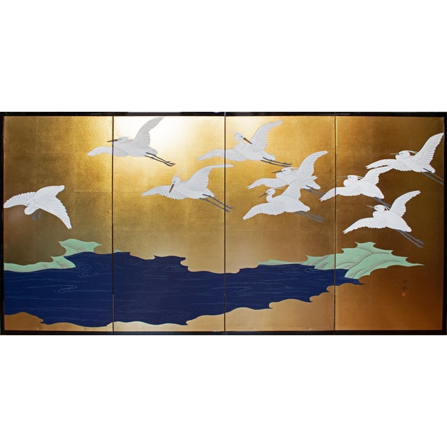 "Wave and White Herons" by Sekko, Heisei Era Japanese Byobu Screen For Sale - Image 18 of 18