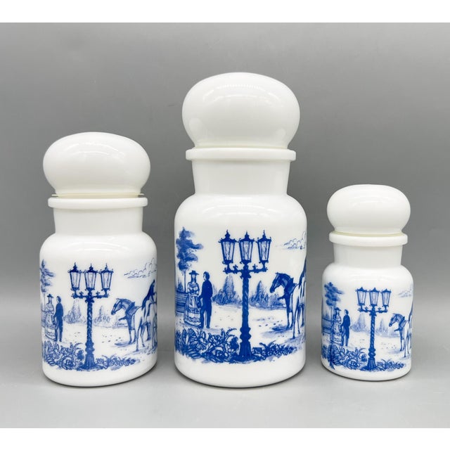 1970's Set of 3 Belgian White Milk Glass Apothecary Jars With Blue Transferware Equestrian Scenes – Victorian / English Country For Sale In Houston - Image 6 of 12
