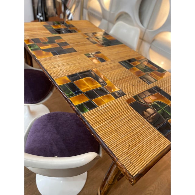 Wood Dining Table in Stained Rattan, Bamboo and Ceramic by Adrien Audoux and Frida Minet, 1950s For Sale - Image 7 of 13