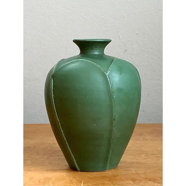 Vintage Geometric Green Ceramic Vase For Sale - Image 4 of 12