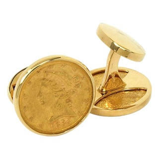 Pair of 22k Gold 1883 Coins Cufflinks in 14k Yellow Gold Round Frame For Sale