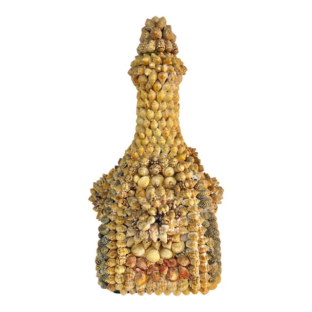 Vintage Mid-Century Shell-Encrusted Decanter or Sailors Valentine Memory Bottle – Folk Art Coastal Grotto Shellwork. For Sale